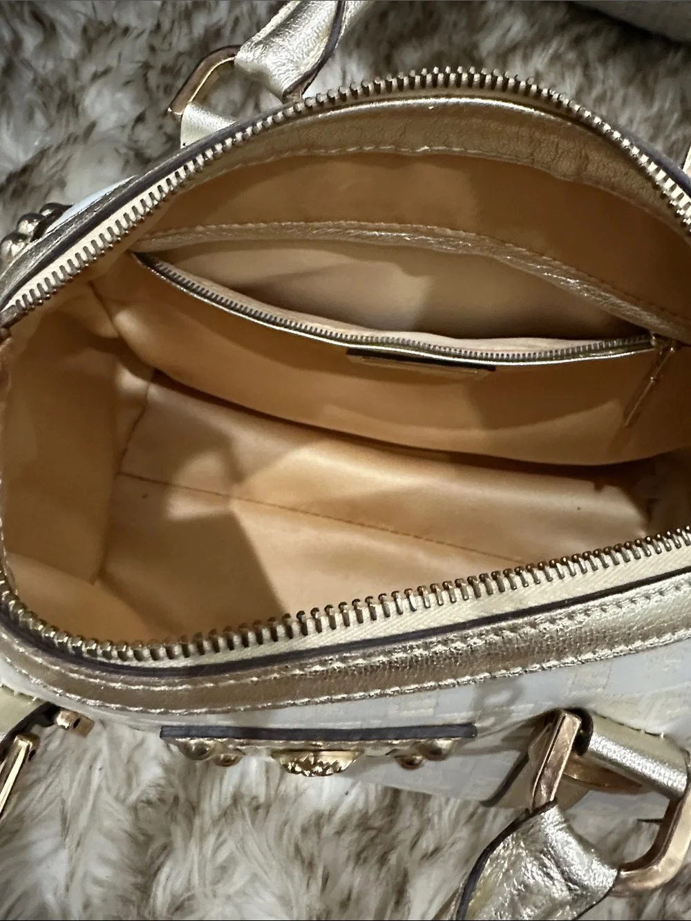 VERSACE Gold and Cream Logo Medusa & Greek key chain Satchel Handbag w/ lock-key